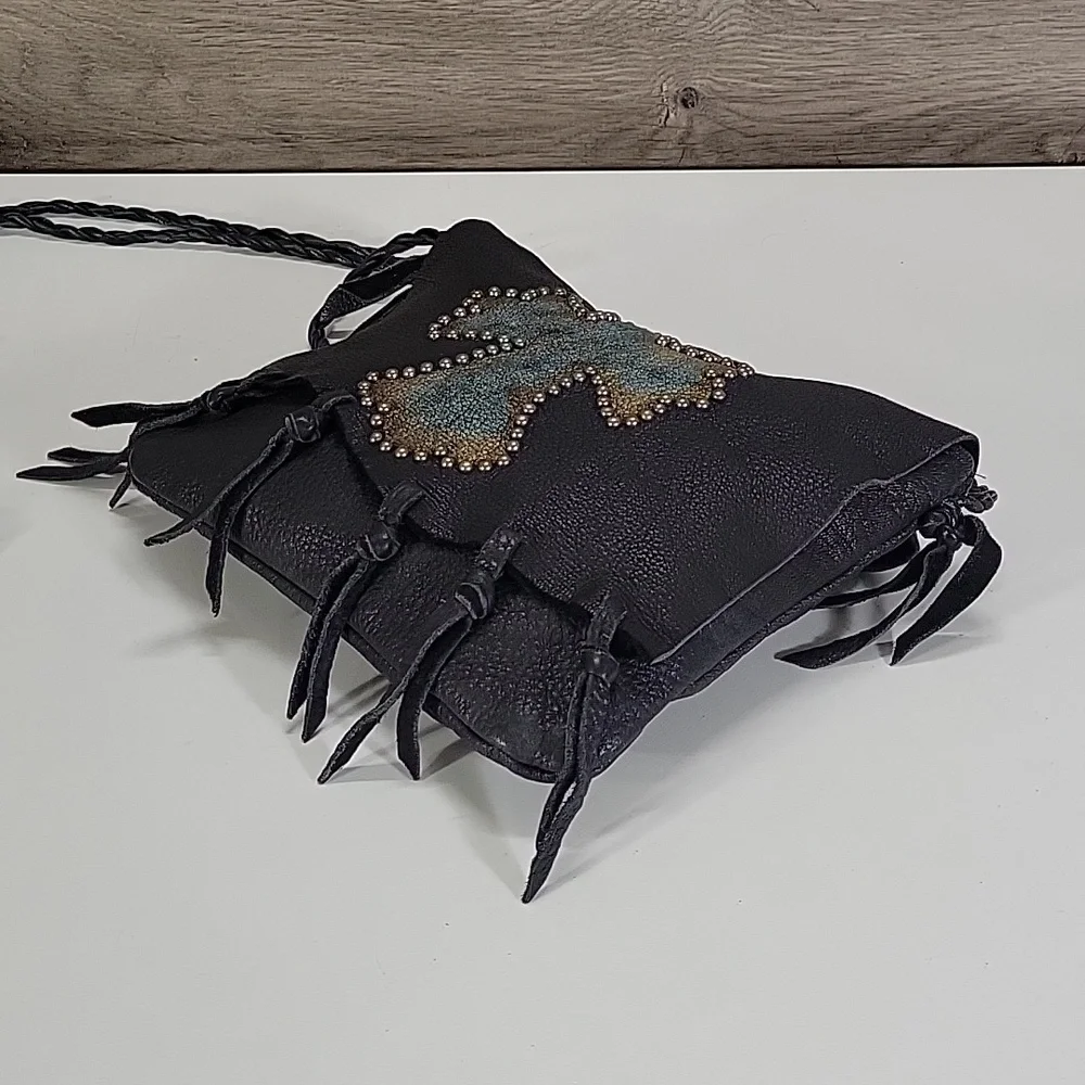 Patricia Wolf Black Studded Leather Crossbody Bag with Turquoise Cross Accent